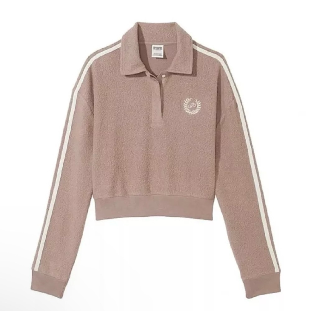 Victorias Secret Pink Reversible Fleece Cropped Polo Sweatshirt Coffee Brown